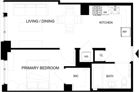 Floor plan for 1 bed, 1 bath, 505 sqft